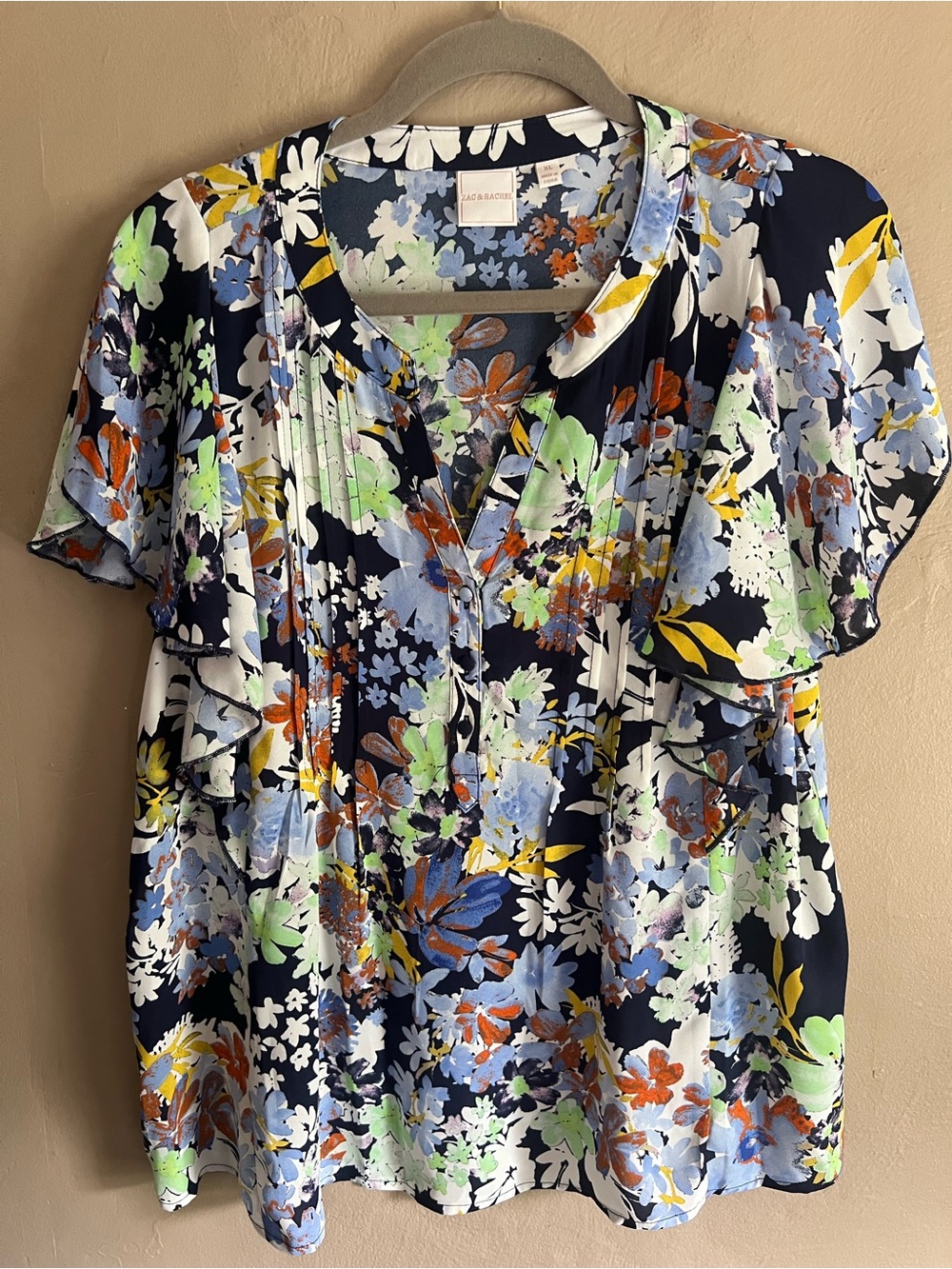 Zac & Rachel Navy Multicolor Floral Ruffled Sleeve Blouse